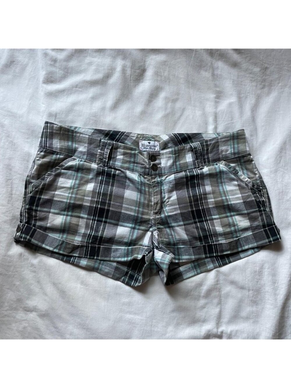 2000s green, blue and grey plaid mini shorts